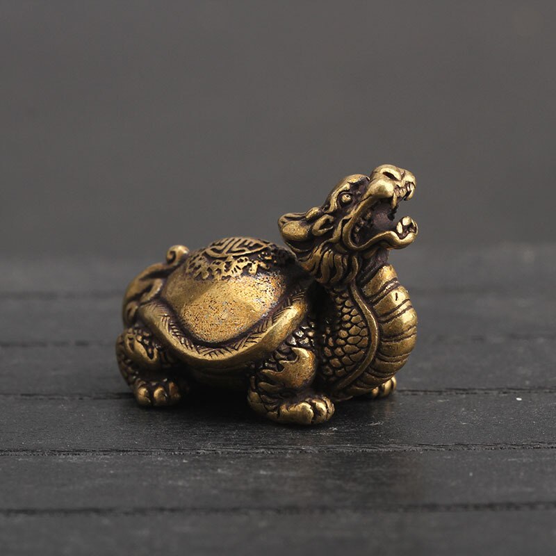 Pure Copper Chinese Dragon Turtle Lucky Desk Ornaments Vintage Brass Auspicious Animal Miniature Figurine Decorations Home Decor