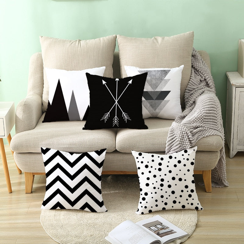 Geometric Cushion Cover Black and White Polyester Throw Pillow Case Striped Dotted Grid Triangular Geometric Art Cushion Cover