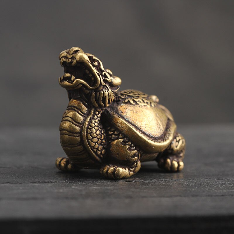 Pure Copper Chinese Dragon Turtle Lucky Desk Ornaments Vintage Brass Auspicious Animal Miniature Figurine Decorations Home Decor