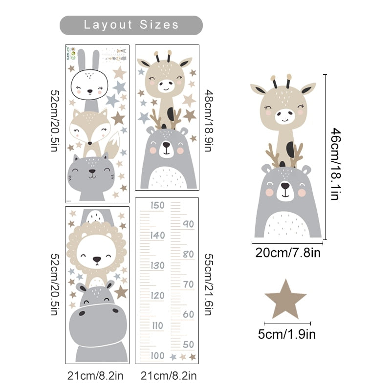 Cartoon Baby Height Measurement Lion Animals Wall Sticker Stars Vinyl Children Nursery Art Decals for Kids Room Home Decoration