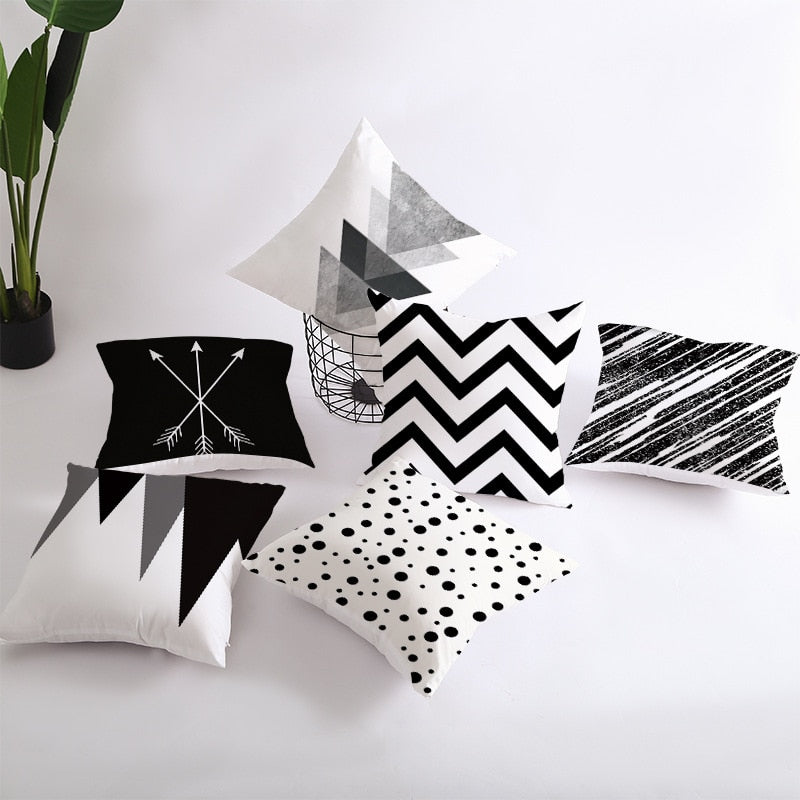 Geometric Cushion Cover Black and White Polyester Throw Pillow Case Striped Dotted Grid Triangular Geometric Art Cushion Cover