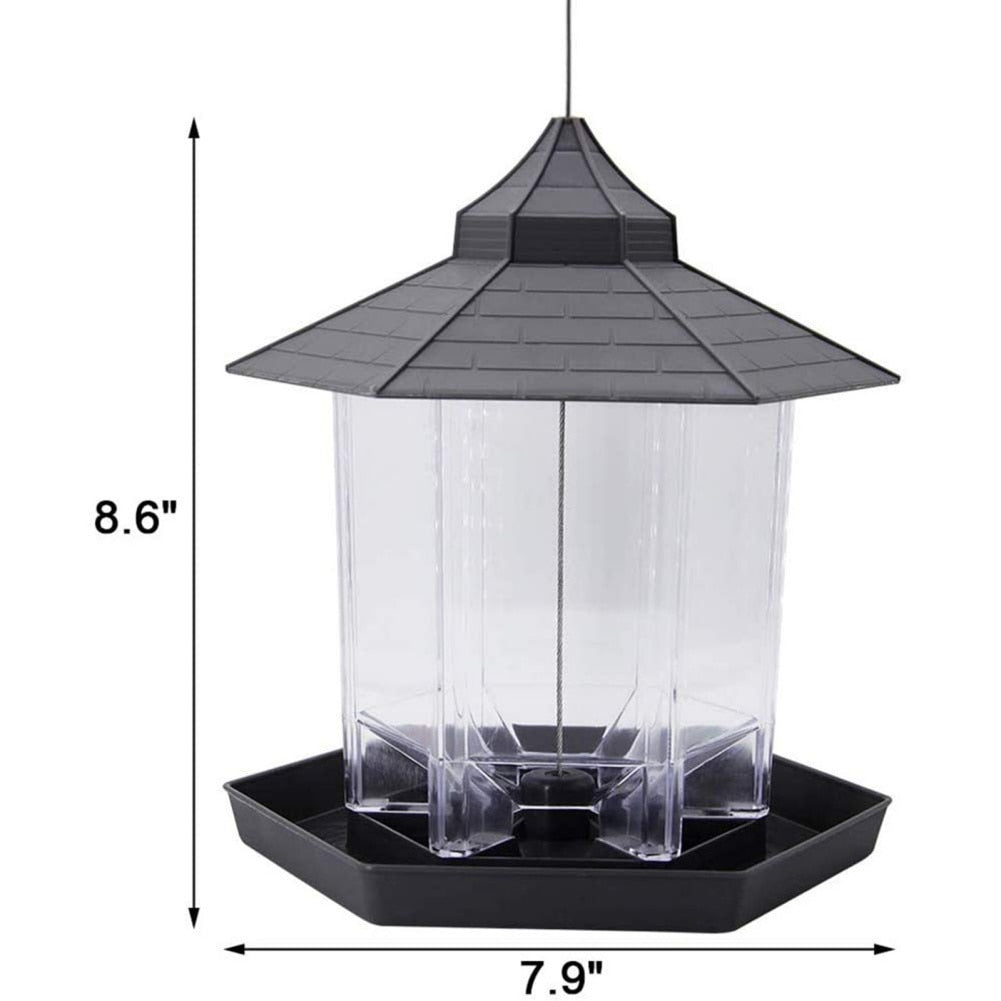 Rewrite this product title for better SEO performance between 70-90 characters and show the the new title directly: Waterproof Gazebo Hanging Wild Bird Feeder Outdoor Container With Hang Rope Feeding House Type Bird Feeder Aves Decor.