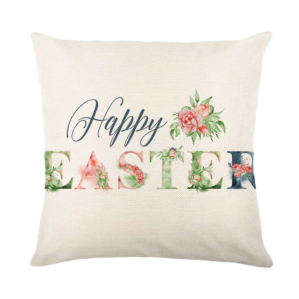 Spring Easter Home Decor Cushion Cover Flowers Bunny Eggs Printed Pillow Cover Easter Decorations Square Linen Throw Pillowcase