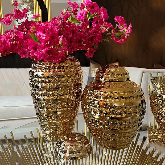 Upscale Gold Plated Ceramic Vase Home Accessories Decorative Jars European Classical Dining Table Decor Desktop Flower Vases