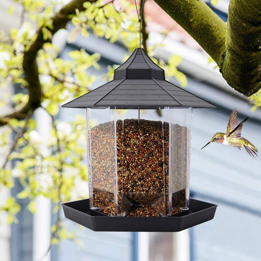 Rewrite this product title for better SEO performance between 70-90 characters and show the the new title directly: Waterproof Gazebo Hanging Wild Bird Feeder Outdoor Container With Hang Rope Feeding House Type Bird Feeder Aves Decor.