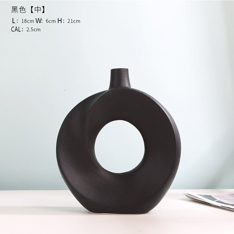 Nordic Ceramic Vase Circular Hollow Donuts Flower Pot Home Living Room Decoration Accessories Interior Office Desktop Decor Gift