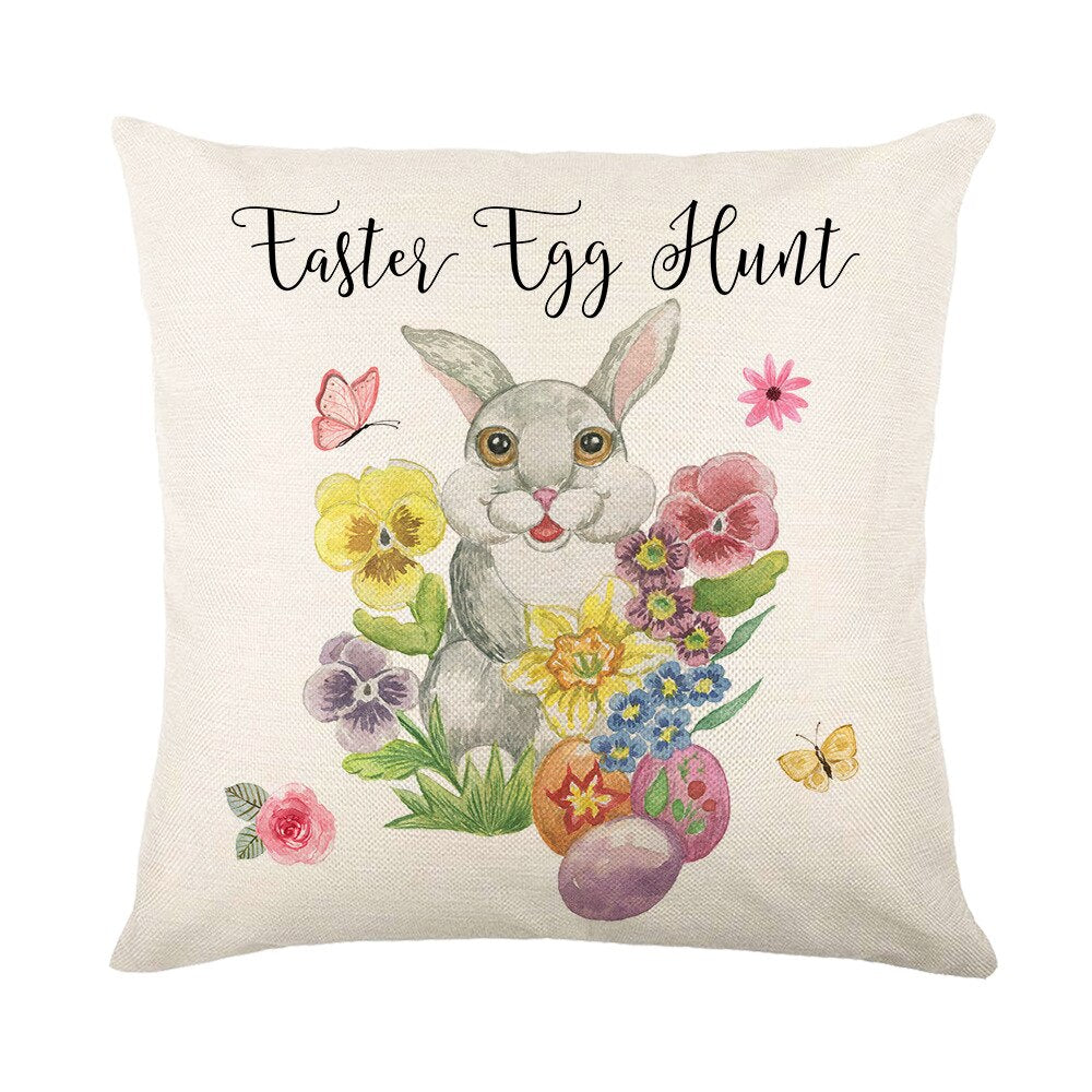 Spring Easter Home Decor Cushion Cover Flowers Bunny Eggs Printed Pillow Cover Easter Decorations Square Linen Throw Pillowcase