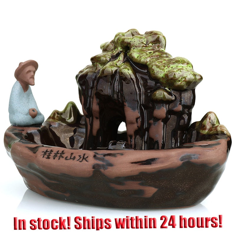 Backflow Incense Burner Old Man Fishing Statue Ceramic Portable Stick Holder Censer Smoke Waterfall Incense Burner Home Decor