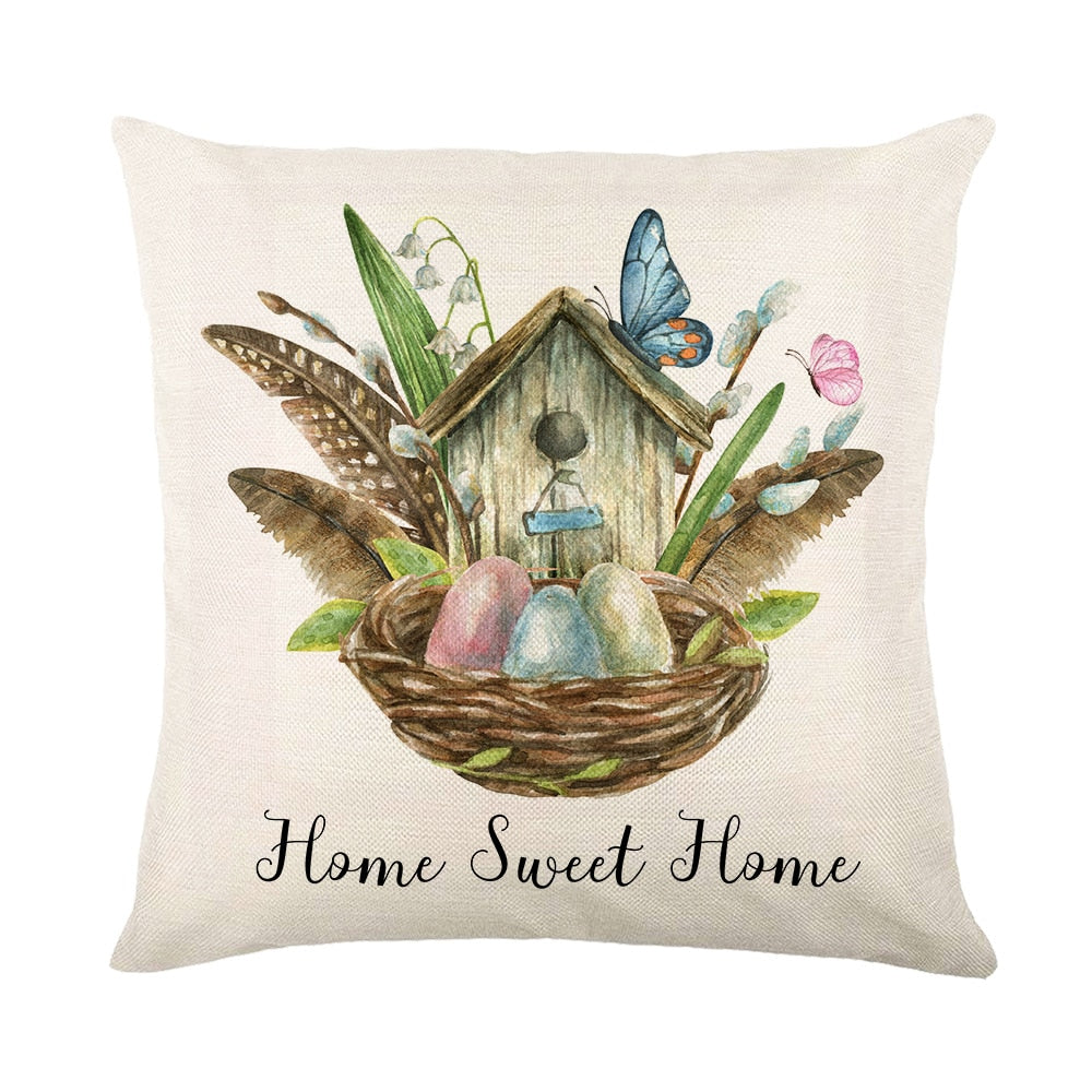 Spring Easter Home Decor Cushion Cover Flowers Bunny Eggs Printed Pillow Cover Easter Decorations Square Linen Throw Pillowcase