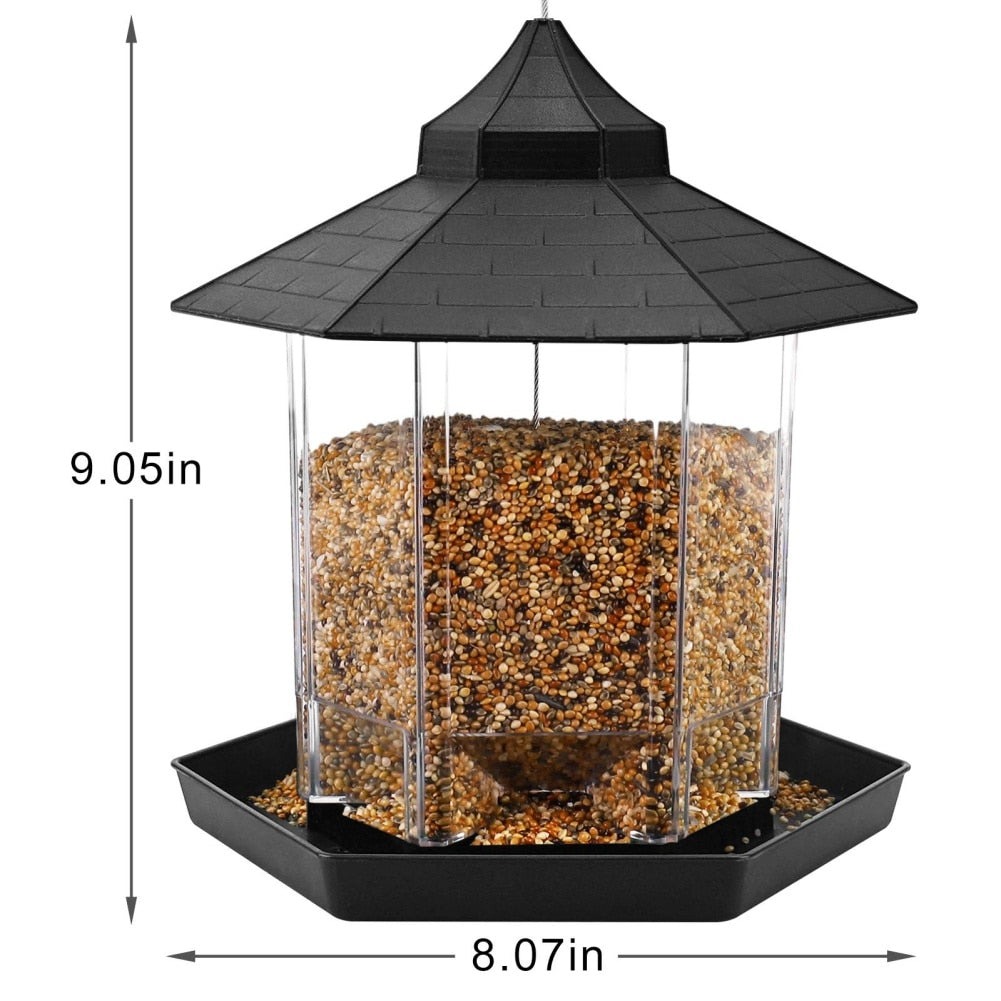 Rewrite this product title for better SEO performance between 70-90 characters and show the the new title directly: Waterproof Gazebo Hanging Wild Bird Feeder Outdoor Container With Hang Rope Feeding House Type Bird Feeder Aves Decor.