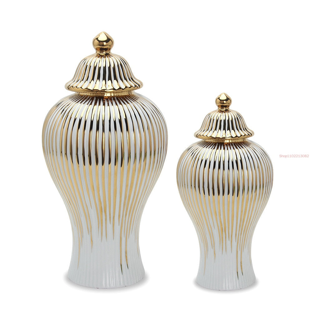 1pc Ceramic Ginger Jar Golden Stripes Decorative General Jar Vase Porcelain Storage Tank with Lid Handicraft Home Decoration wall decor living room modern decor styles modern home room design modern home styling