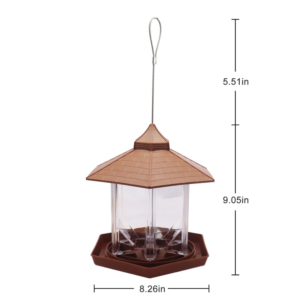 Rewrite this product title for better SEO performance between 70-90 characters and show the the new title directly: Waterproof Gazebo Hanging Wild Bird Feeder Outdoor Container With Hang Rope Feeding House Type Bird Feeder Aves Decor.