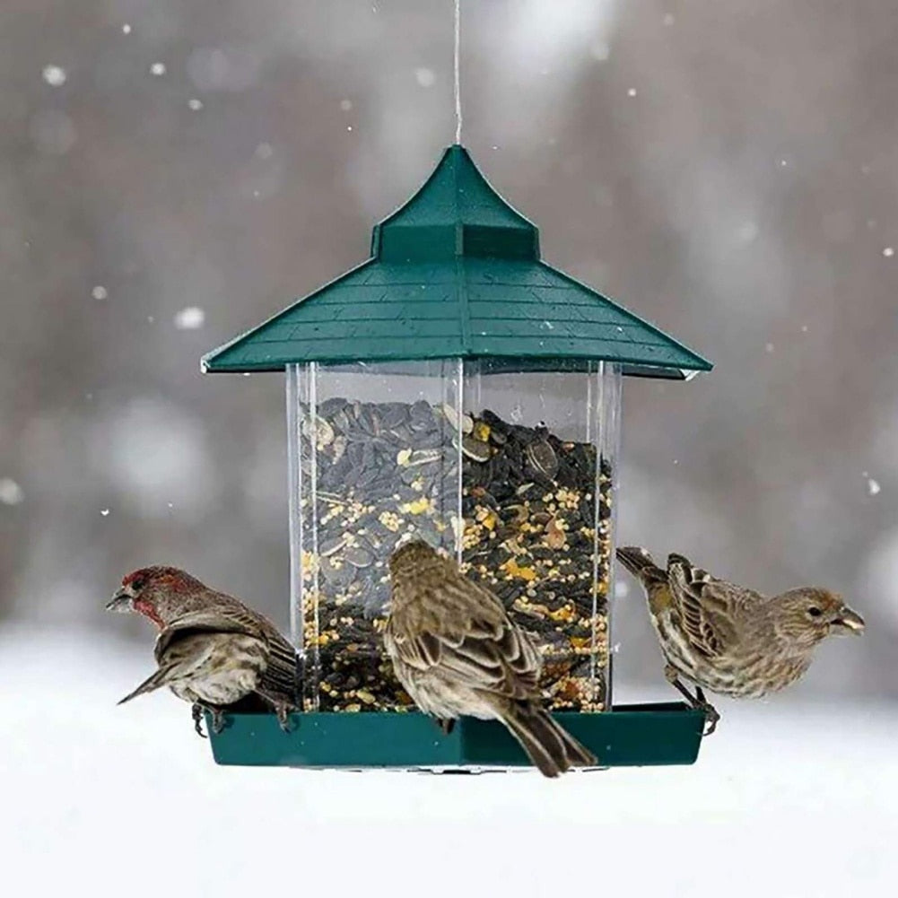 Rewrite this product title for better SEO performance between 70-90 characters and show the the new title directly: Waterproof Gazebo Hanging Wild Bird Feeder Outdoor Container With Hang Rope Feeding House Type Bird Feeder Aves Decor.