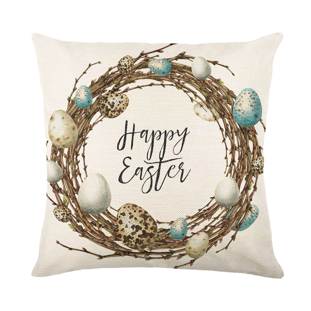 Spring Easter Home Decor Cushion Cover Flowers Bunny Eggs Printed Pillow Cover Easter Decorations Square Linen Throw Pillowcase