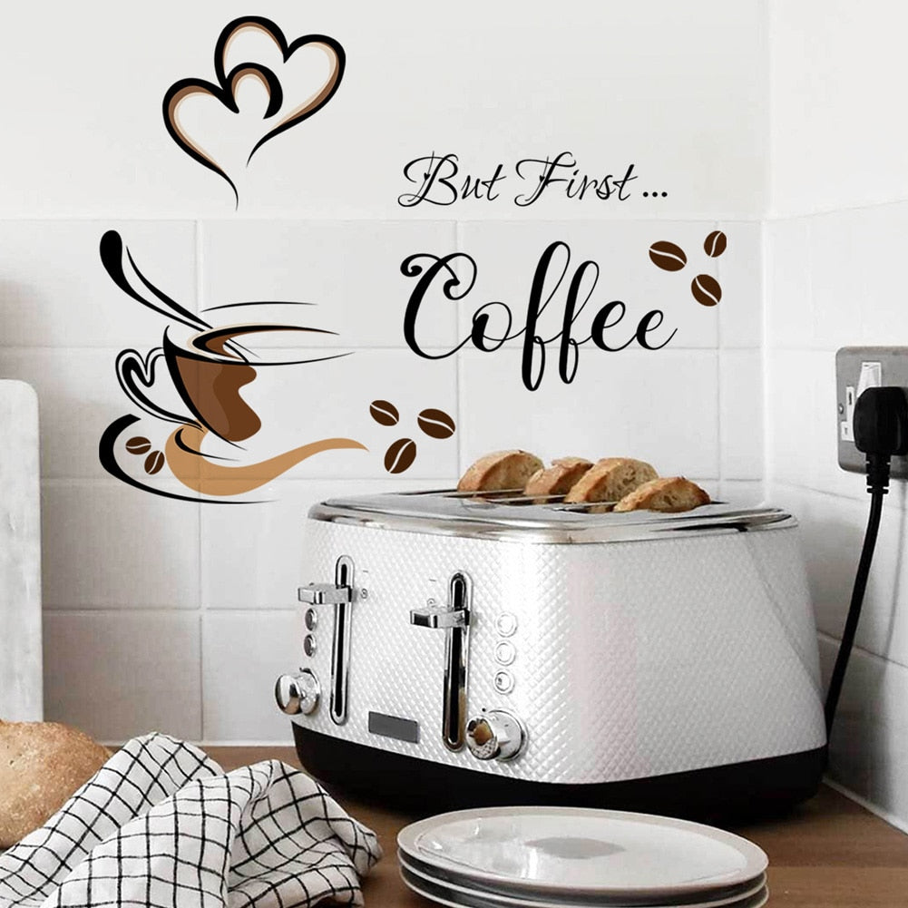 Creative Coffee Cup Pattern Wall Stickers Cafe Living Room Decor Cabinet Art English Home Decoration Self-adhesive Wallpaper