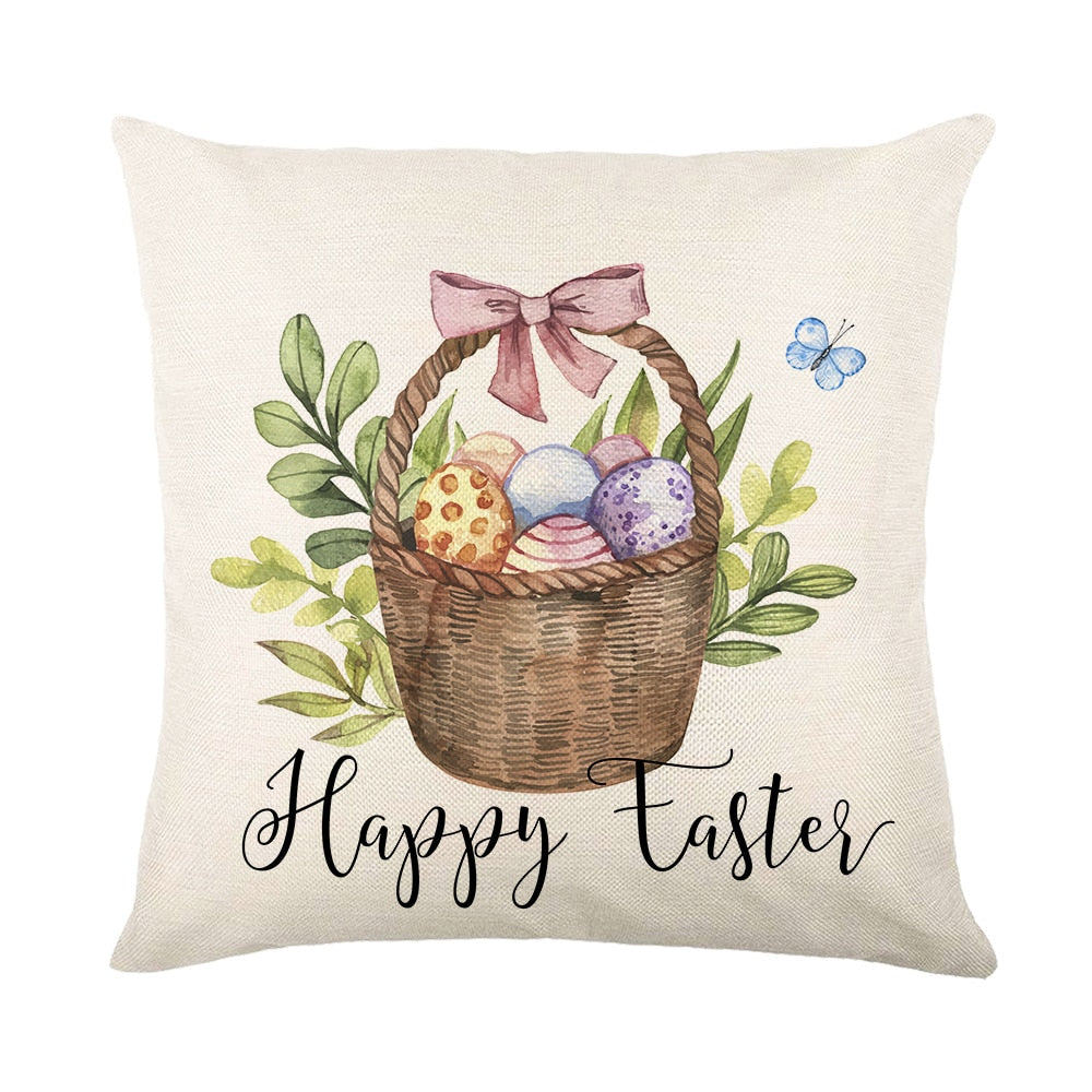 Spring Easter Home Decor Cushion Cover Flowers Bunny Eggs Printed Pillow Cover Easter Decorations Square Linen Throw Pillowcase