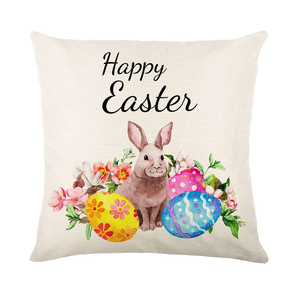 Spring Easter Home Decor Cushion Cover Flowers Bunny Eggs Printed Pillow Cover Easter Decorations Square Linen Throw Pillowcase