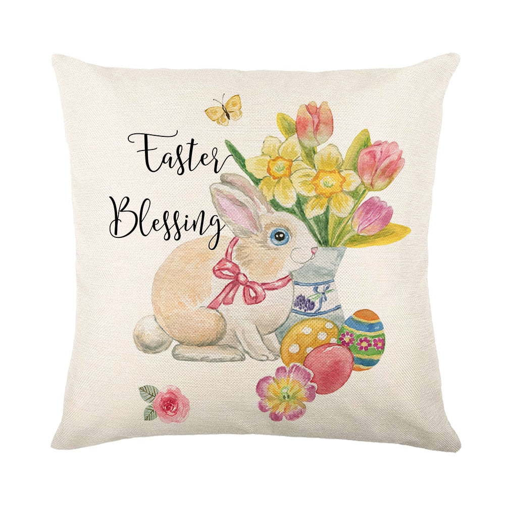 Spring Easter Home Decor Cushion Cover Flowers Bunny Eggs Printed Pillow Cover Easter Decorations Square Linen Throw Pillowcase