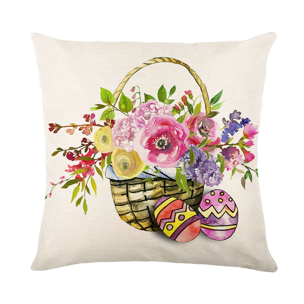 Spring Easter Home Decor Cushion Cover Flowers Bunny Eggs Printed Pillow Cover Easter Decorations Square Linen Throw Pillowcase