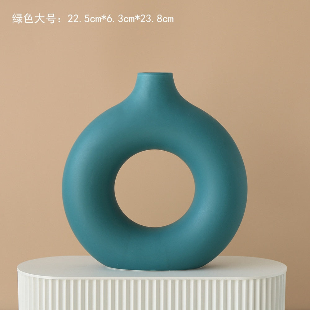 Nordic Ceramic Vase Circular Hollow Donuts Flower Pot Home Living Room Decoration Accessories Interior Office Desktop Decor Gift