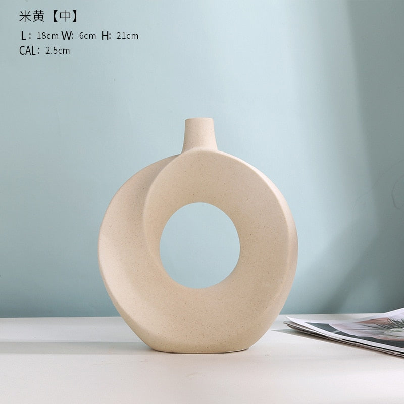 Nordic Ceramic Vase Circular Hollow Donuts Flower Pot Home Living Room Decoration Accessories Interior Office Desktop Decor Gift