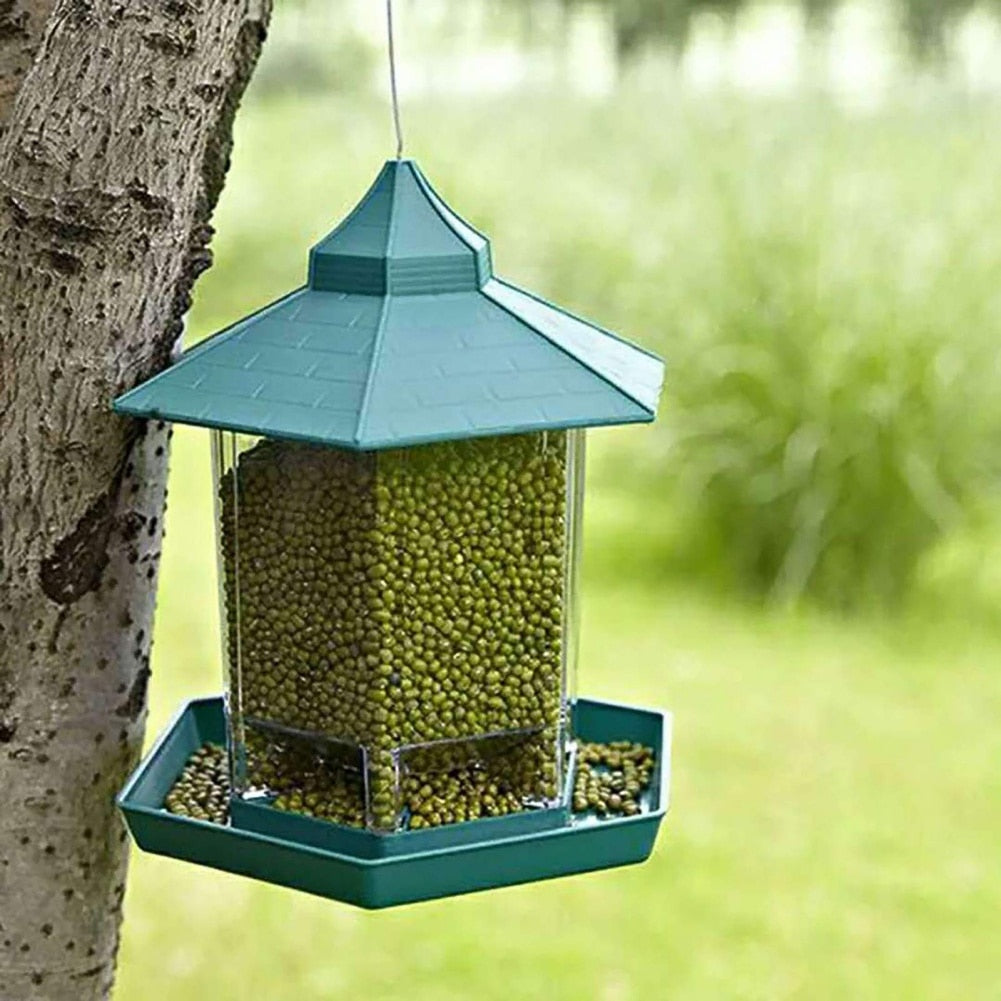 Rewrite this product title for better SEO performance between 70-90 characters and show the the new title directly: Waterproof Gazebo Hanging Wild Bird Feeder Outdoor Container With Hang Rope Feeding House Type Bird Feeder Aves Decor.