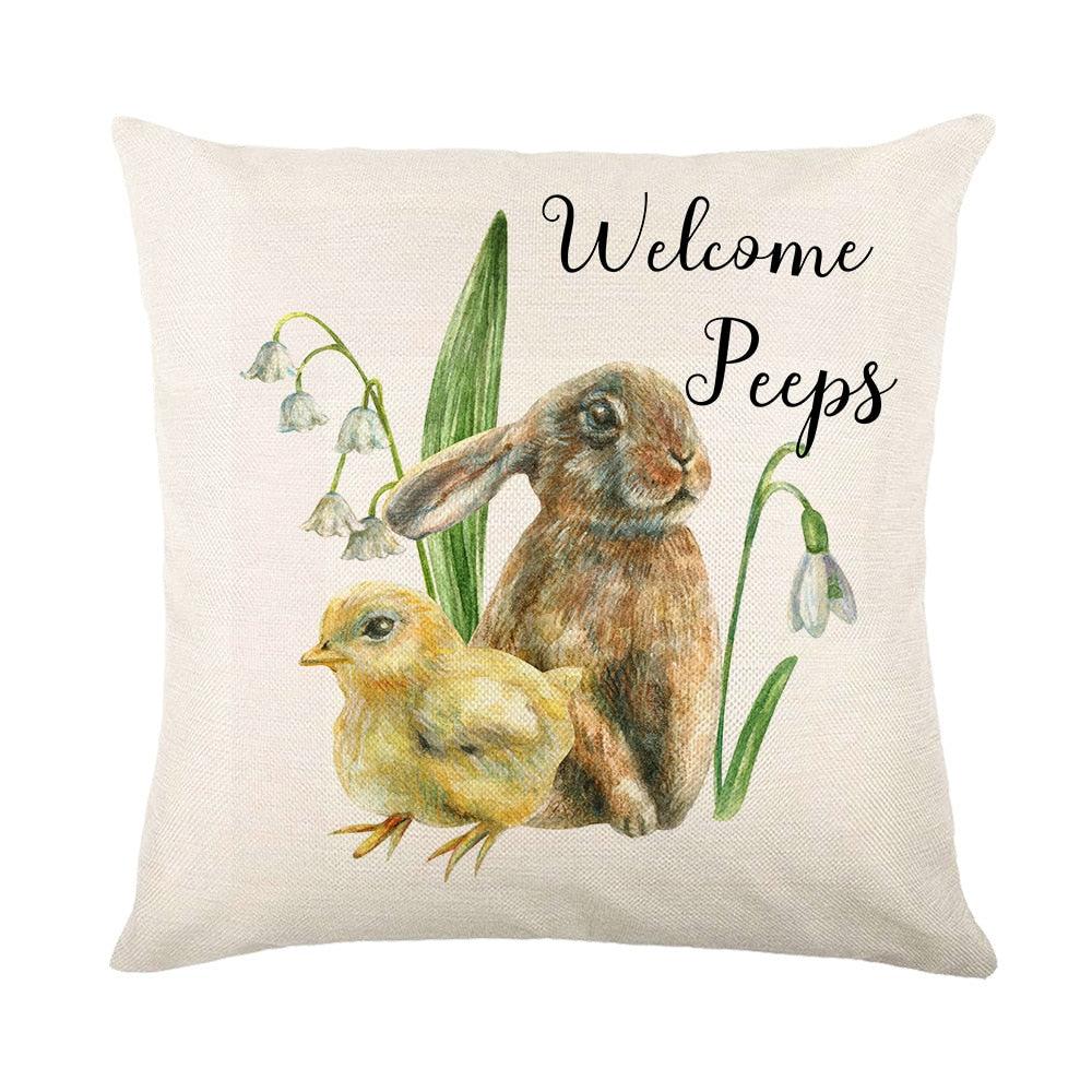 Spring Easter Home Decor Cushion Cover Flowers Bunny Eggs Printed Pillow Cover Easter Decorations Square Linen Throw Pillowcase