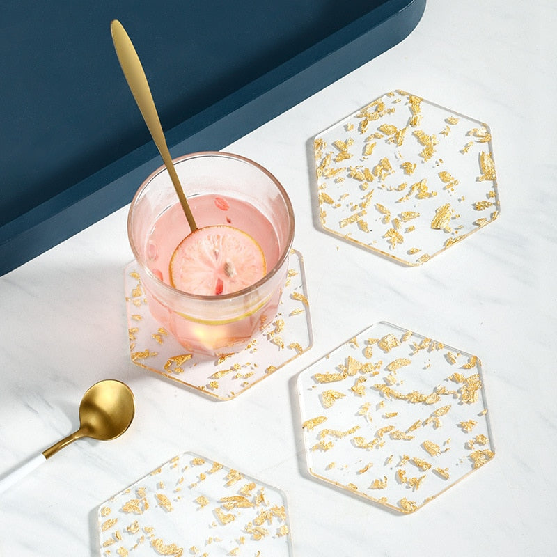 Drink Coasters Holder Set Cute Coasters for Cup Stand Light Luxury Gold Foil Coaster Insulation Pad Coffee Tea Coaster Acrylic