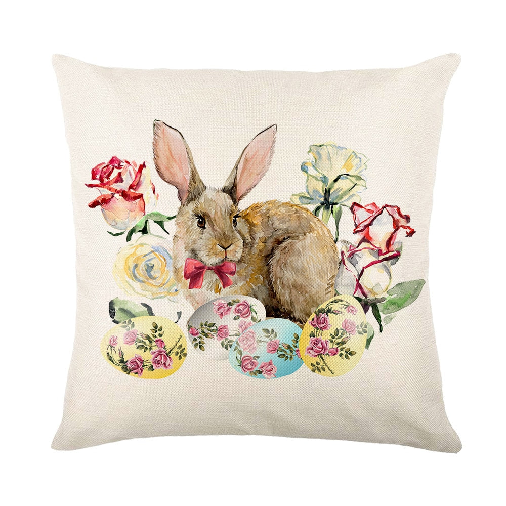 Spring Easter Home Decor Cushion Cover Flowers Bunny Eggs Printed Pillow Cover Easter Decorations Square Linen Throw Pillowcase