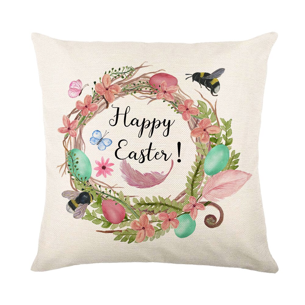 Spring Easter Home Decor Cushion Cover Flowers Bunny Eggs Printed Pillow Cover Easter Decorations Square Linen Throw Pillowcase