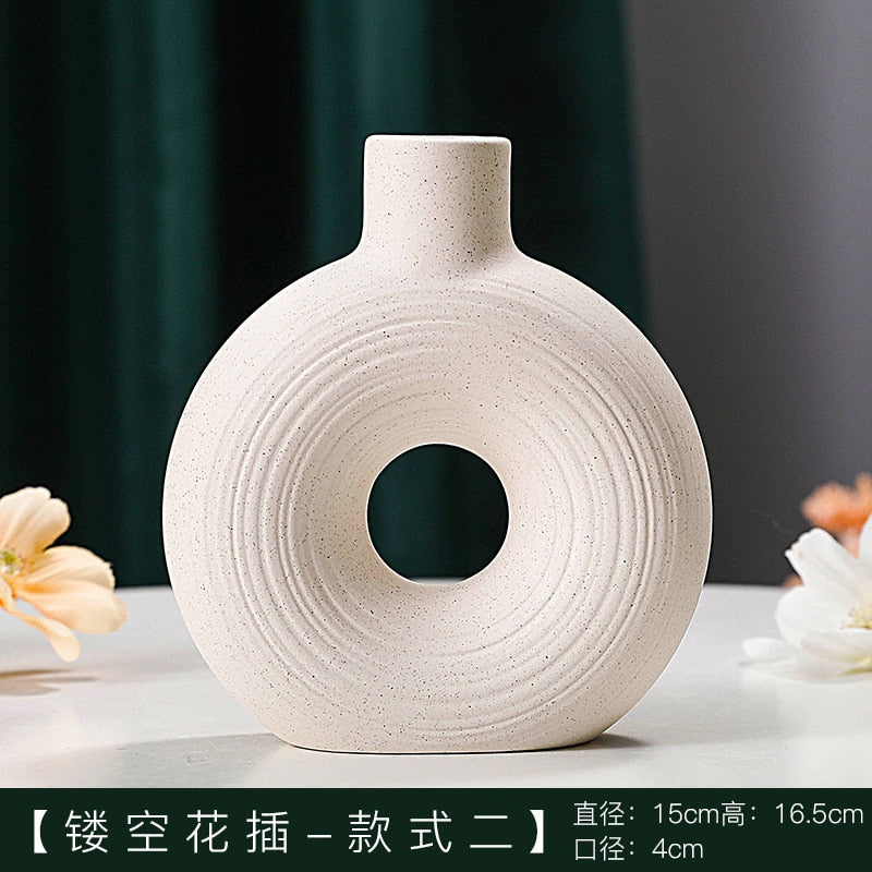 Nordic Ceramic Vase Circular Hollow Donuts Flower Pot Home Living Room Decoration Accessories Interior Office Desktop Decor Gift