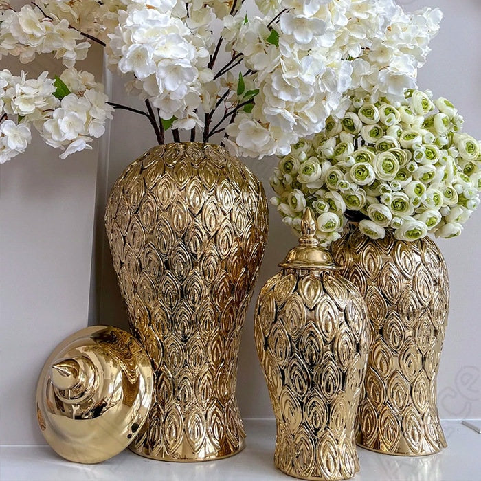 Upscale Gold Plated Ceramic Vase Home Accessories Decorative Jars European Classical Dining Table Decor Desktop Flower Vases