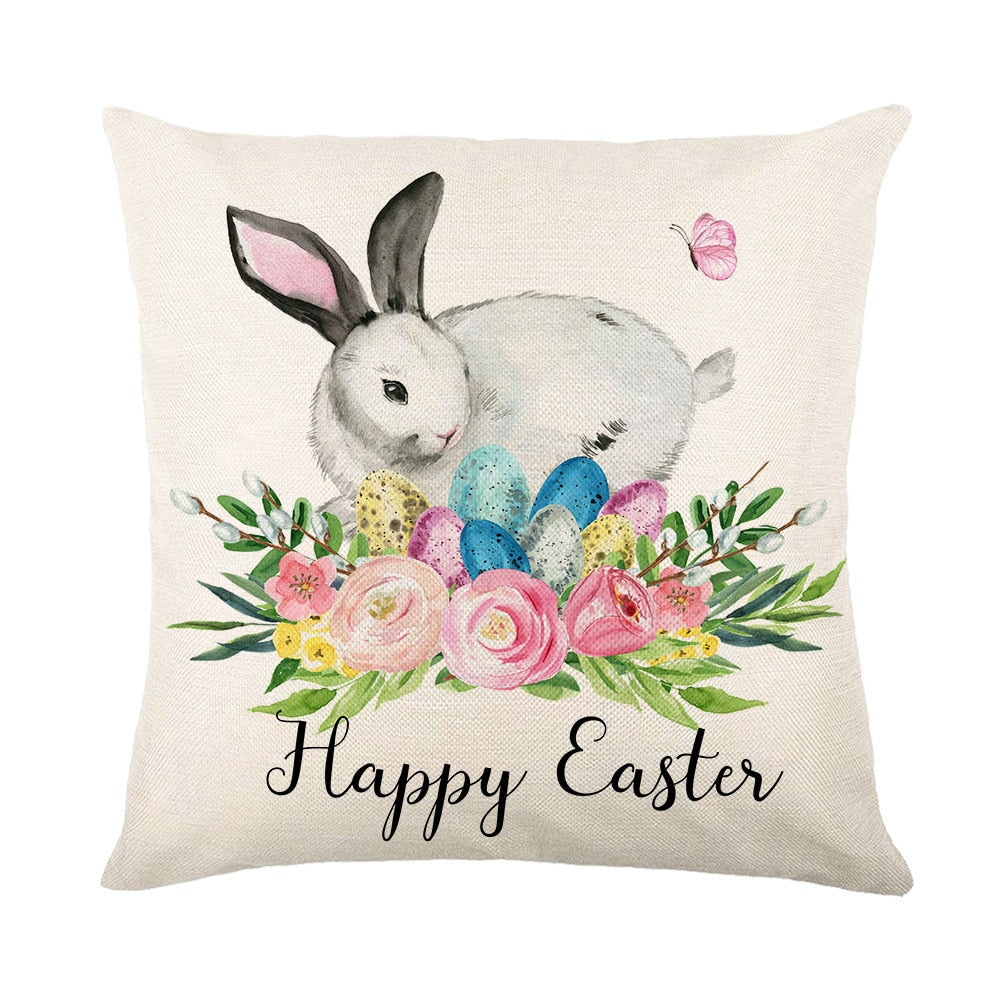 Spring Easter Home Decor Cushion Cover Flowers Bunny Eggs Printed Pillow Cover Easter Decorations Square Linen Throw Pillowcase