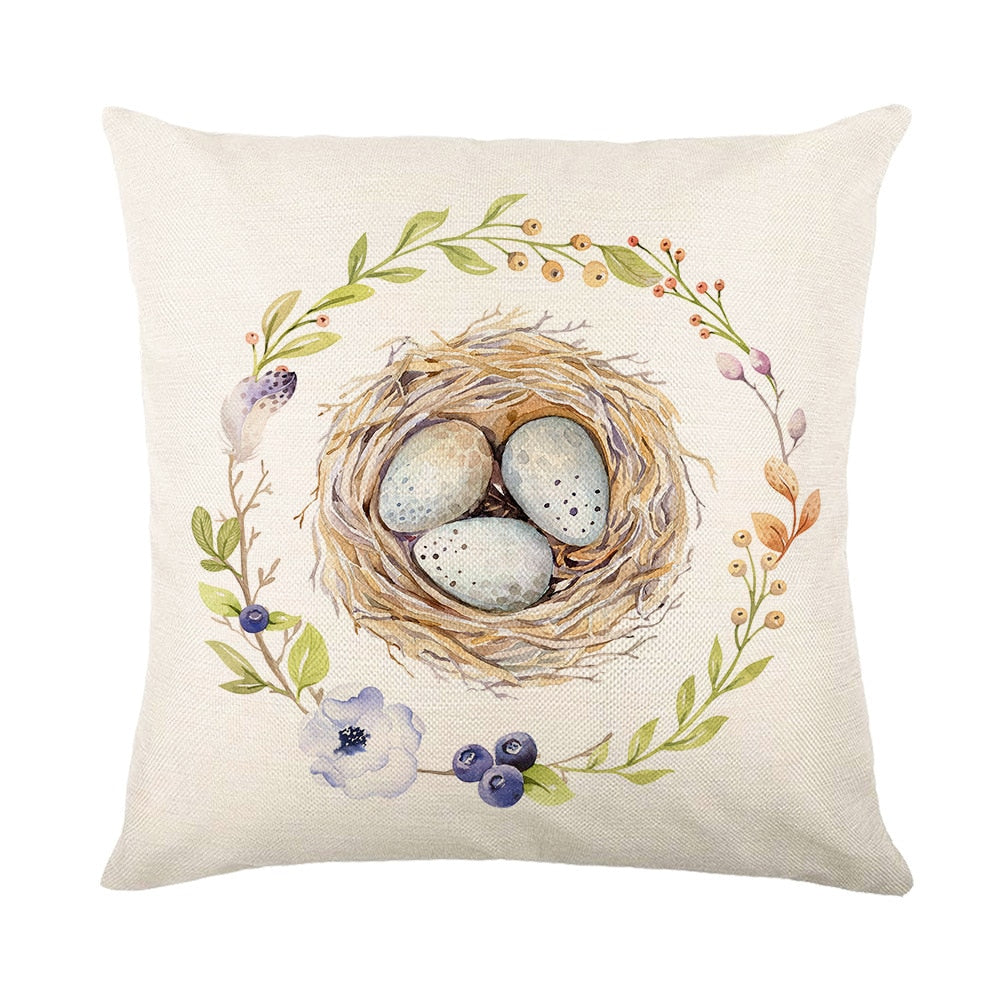 Spring Easter Home Decor Cushion Cover Flowers Bunny Eggs Printed Pillow Cover Easter Decorations Square Linen Throw Pillowcase