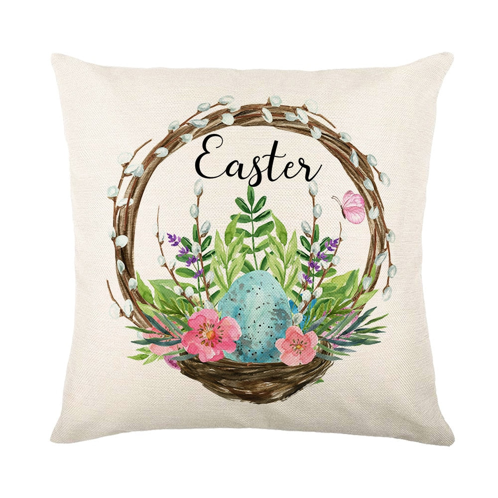 Spring Easter Home Decor Cushion Cover Flowers Bunny Eggs Printed Pillow Cover Easter Decorations Square Linen Throw Pillowcase