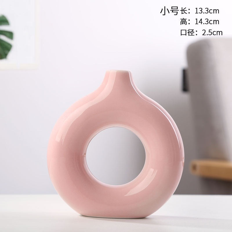 Nordic Ceramic Vase Circular Hollow Donuts Flower Pot Home Living Room Decoration Accessories Interior Office Desktop Decor Gift