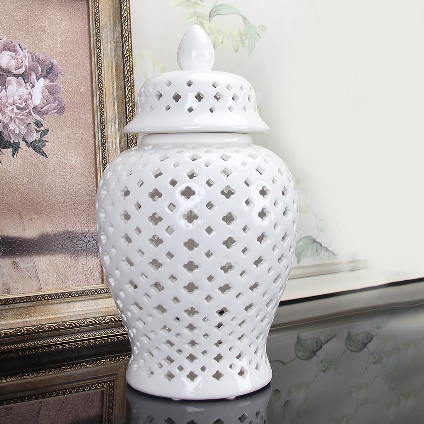 Ceramic Ginger Jar Carved Lattice Handicraft Temple Jar for Home Decor Hand Painted Retro Universal Jar Handicraft Storage Decor