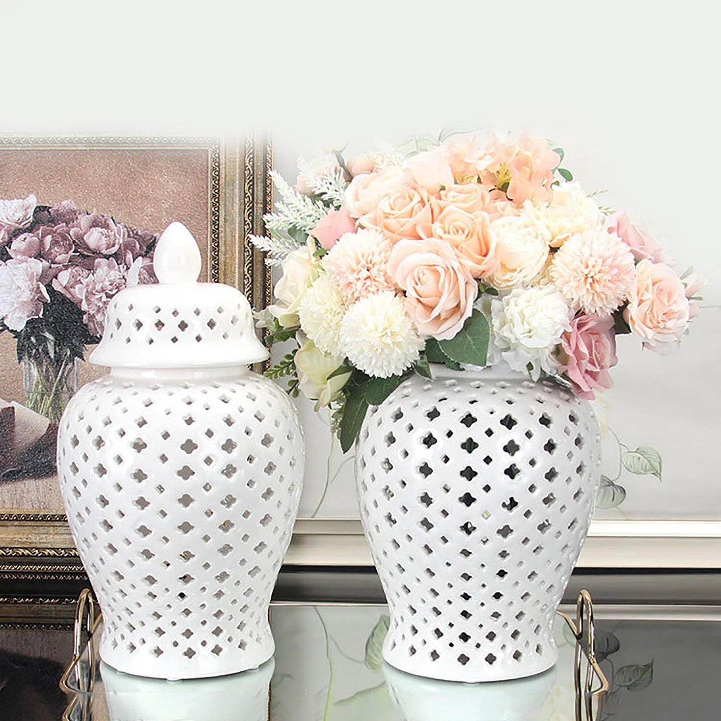 Ceramic Ginger Jar Carved Lattice Handicraft Temple Jar for Home Decor Hand Painted Retro Universal Jar Handicraft Storage Decor