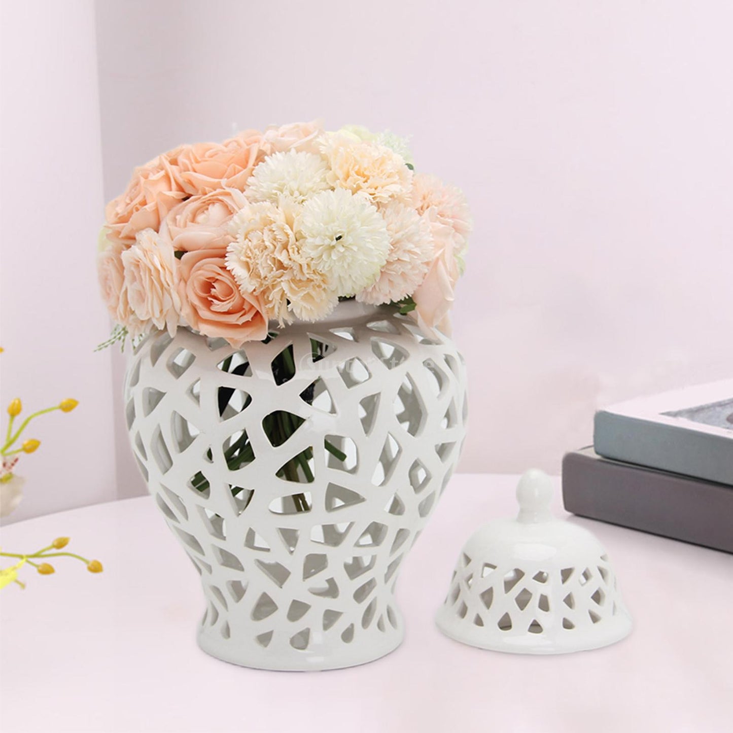 Ceramic Ginger Jar Carved Lattice Handicraft Temple Jar for Home Decor Hand Painted Retro Universal Jar Handicraft Storage Decor