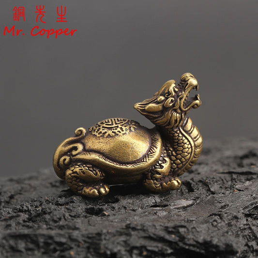 Pure Copper Chinese Dragon Turtle Lucky Desk Ornaments Vintage Brass Auspicious Animal Miniature Figurine Decorations Home Decor