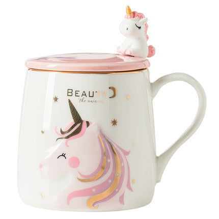 Unicorn Coffee mug Cute Ceramic Cartoon mug Novelty  Print Porcelain Stirring Mug with 3d Unicorn Lid Animal  Mug for girl gifts