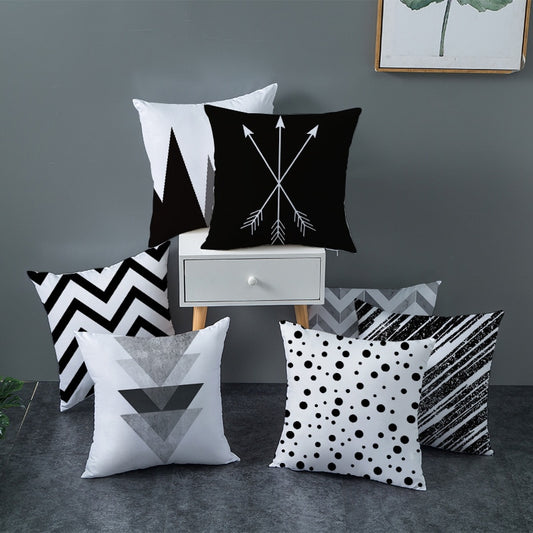 Geometric Cushion Cover Black and White Polyester Throw Pillow Case Striped Dotted Grid Triangular Geometric Art Cushion Cover