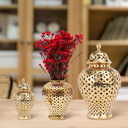 Pierced Gold Ceramic Vase Ginger Jar with Lid Hollow Out Storage Jar Bud Vase Carved Lattice Temple Jar for Room Home Decorative