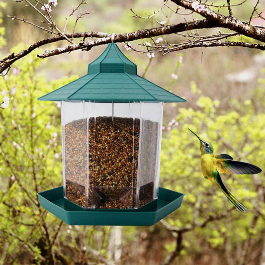 Rewrite this product title for better SEO performance between 70-90 characters and show the the new title directly: Waterproof Gazebo Hanging Wild Bird Feeder Outdoor Container With Hang Rope Feeding House Type Bird Feeder Aves Decor.