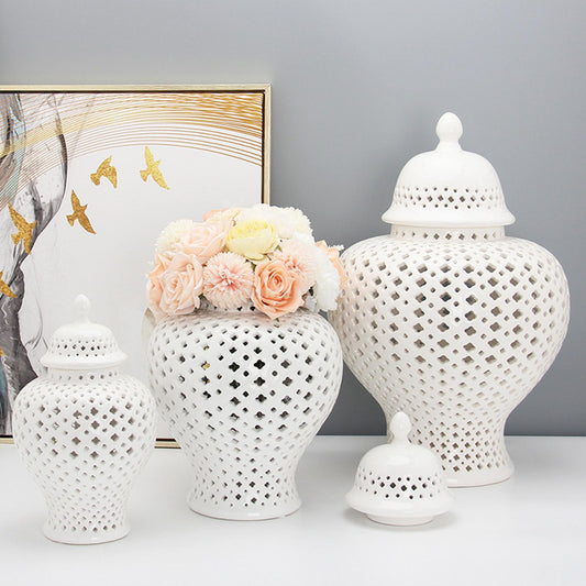 Ceramic Ginger Jar Carved Lattice Handicraft Temple Jar for Home Decor Hand Painted Retro Universal Jar Handicraft Storage Decor